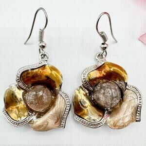 Gaudi Signed Floral Dangle Earrings Silver Tone Earthy Hues Fall Colors Enamel